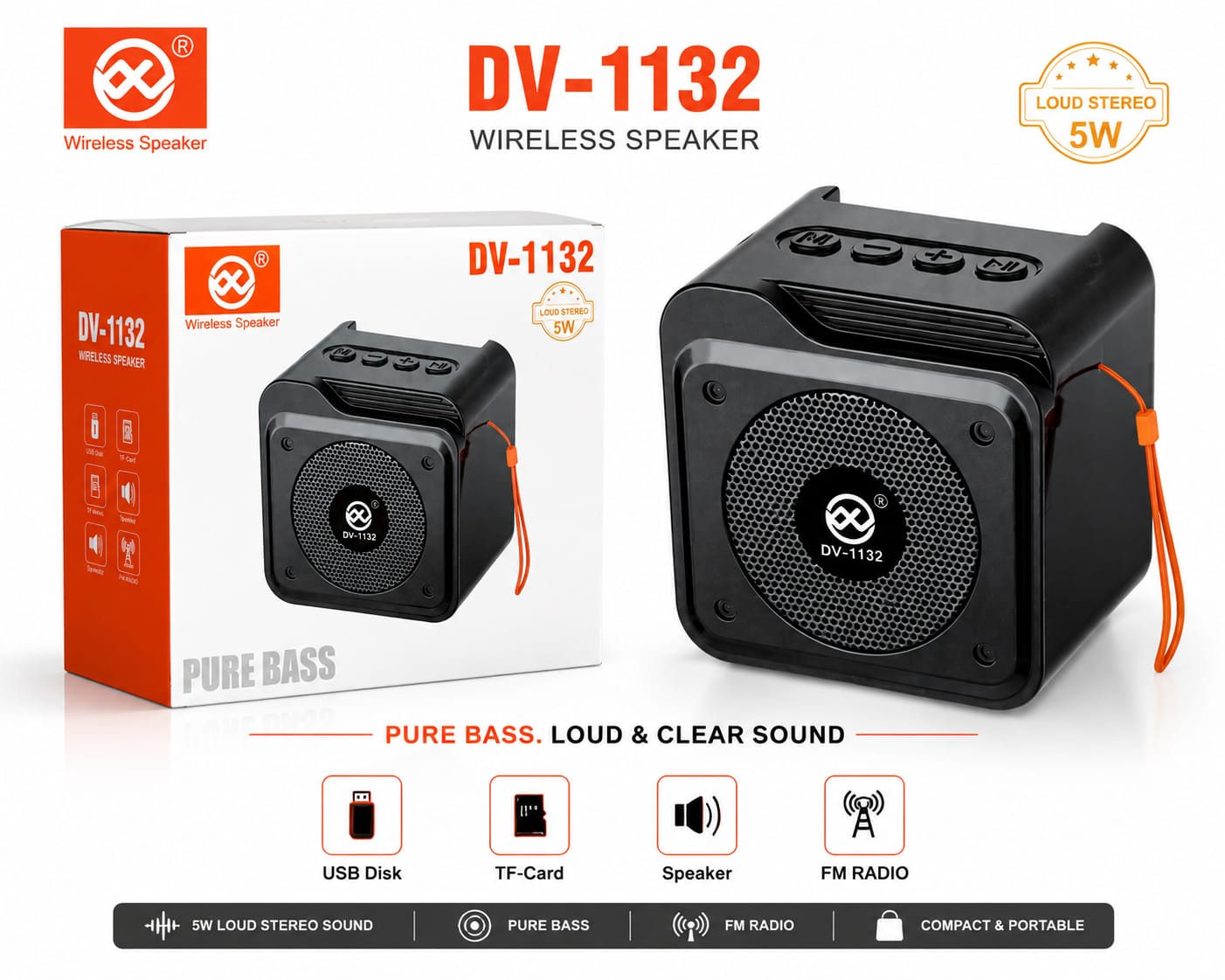 DV-1132 Portable Bluetooth Speaker with USB, TF Card & FM Radio