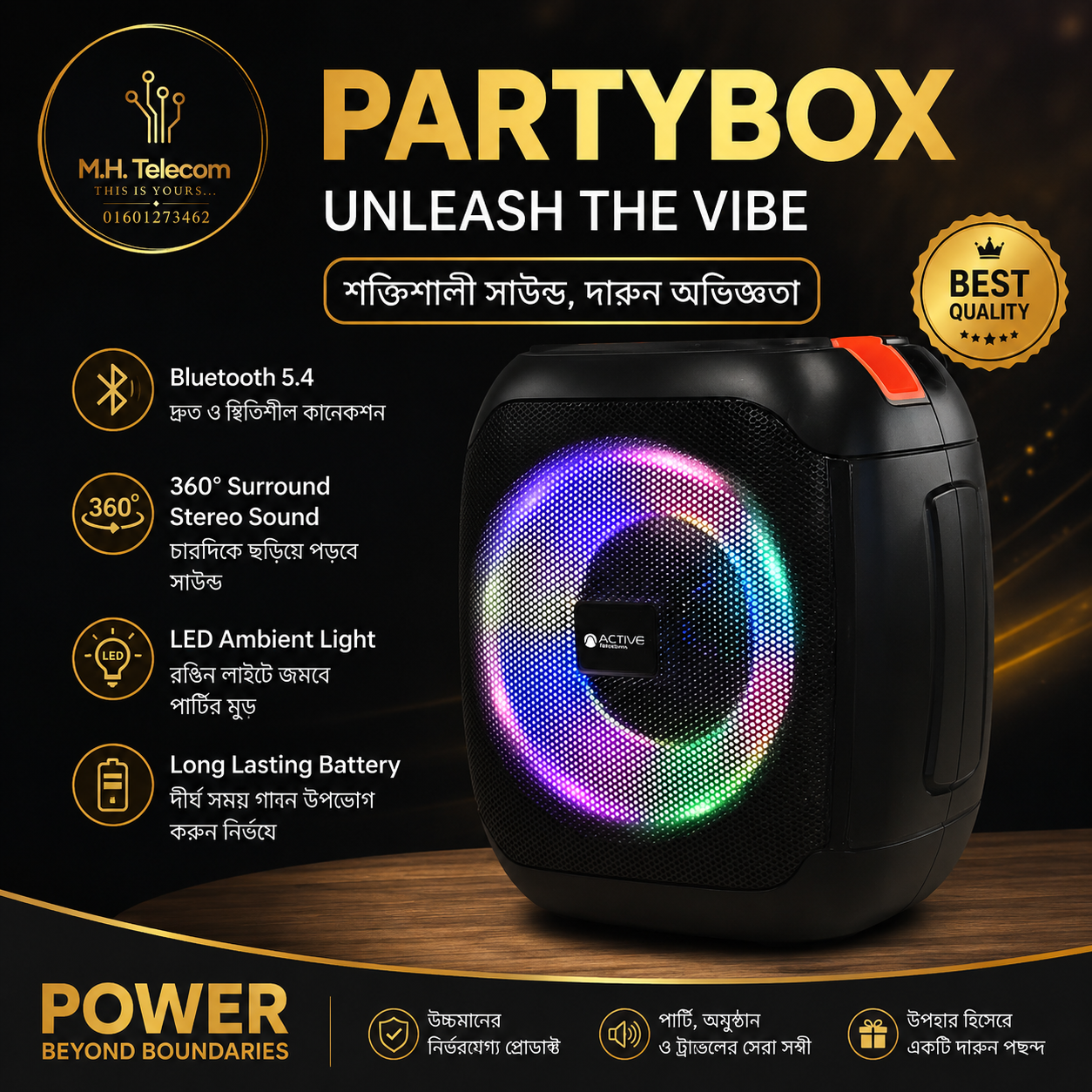 Active PartyBox Portable Bluetooth Speaker | Bluetooth 5.4 | 360° Stereo Sound | RGB LED Light