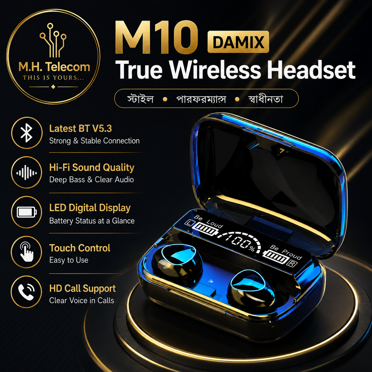 DAMIX M10 True Wireless Earbuds | Bluetooth 5.3 | Hi-Fi Stereo Sound | LED Display | Touch Control
