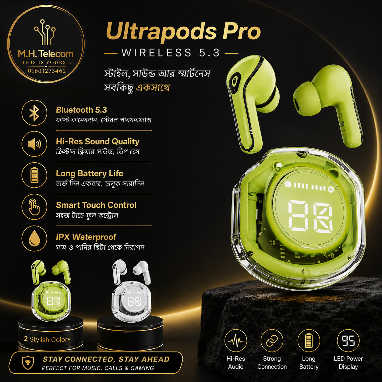 Ultrapods Pro Wireless 5.3 TWS Earbuds – Hi-Res Sound & LED Display