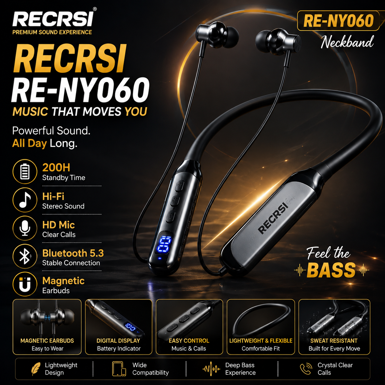 RECRSI RE-NY060 Bluetooth 5.3 Neckband – Deep Bass & 200H Standby